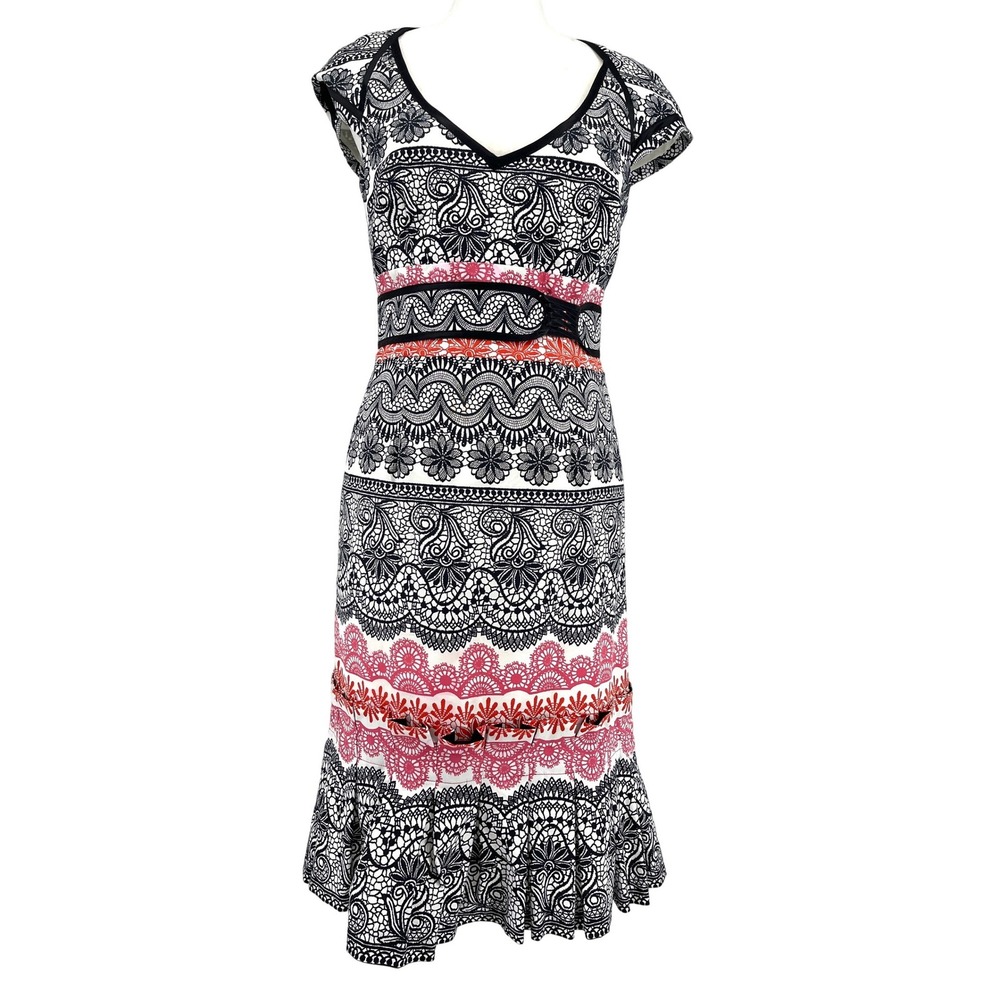 Karen Millen England Black White Red Lace Border Midi Dress Size US 8